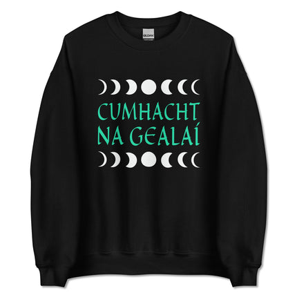 Irish Cumhacht Na Gealaí graphic sweatshirt featuring moon power phases design.