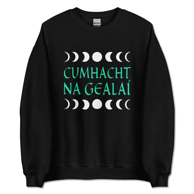 Irish Cumhacht Na Gealaí graphic sweatshirt featuring moon power phases design.