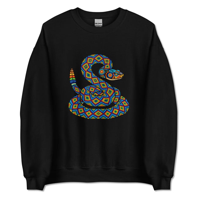 Colorful geometric rattlesnake art inspired by Huichol culture printed on a pullover sweatshirt.