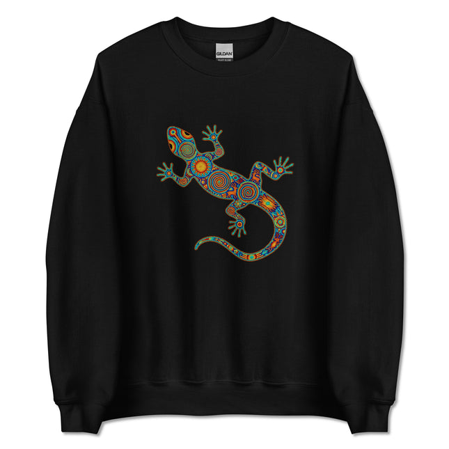Colorful Huichol tribal art gecko lizard design on a pullover sweatshirt.