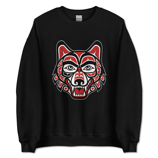 Pacific Northwest wolf spirit graphic on an indigenous animal pullover sweatshirt.