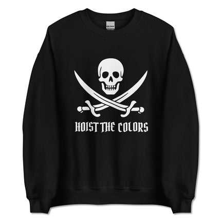 Pirate skull and crossbones with sabers design on a pullover sweatshirt, featuring jolly roger motifs.