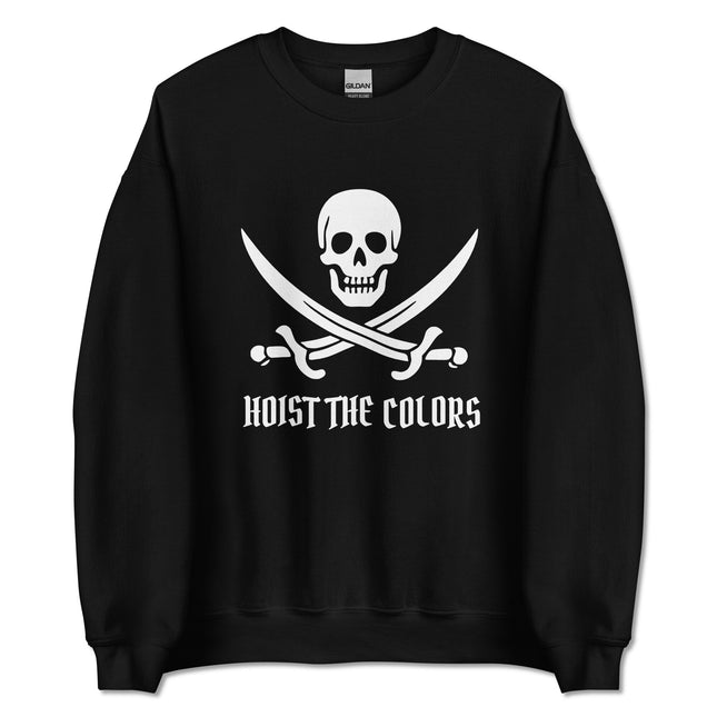 Pirate skull and crossbones with sabers design on a pullover sweatshirt, featuring jolly roger motifs.