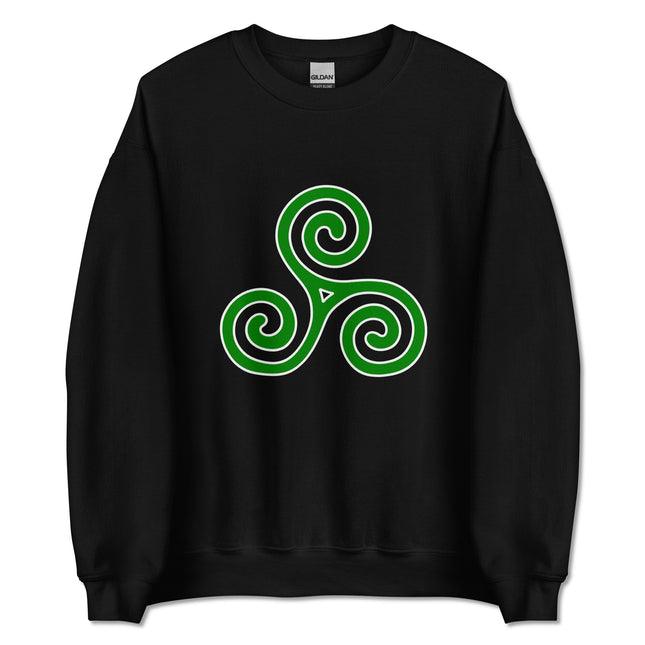 Celtic triskelion knot spiral pattern printed on an Irish pullover sweatshirt.