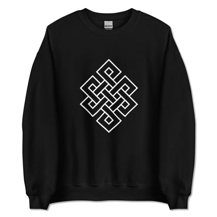 Black and white Endless Knot Buddhist symbol graphic on a unisex pullover sweatshirt.