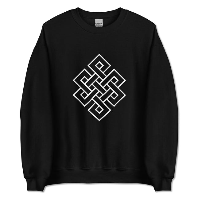 Black and white Endless Knot Buddhist symbol graphic on a unisex pullover sweatshirt.