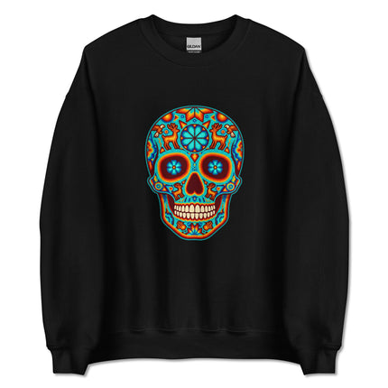Vibrant Huichol skull and Mexican folk art pattern on a unisex pullover sweatshirt.