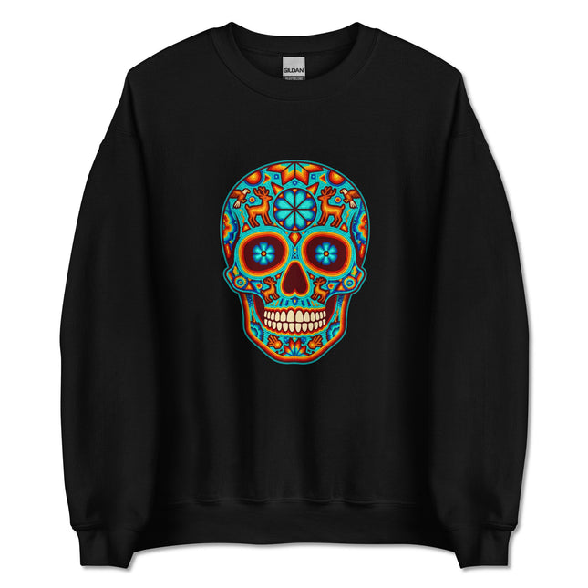 Vibrant Huichol skull and Mexican folk art pattern on a unisex pullover sweatshirt.