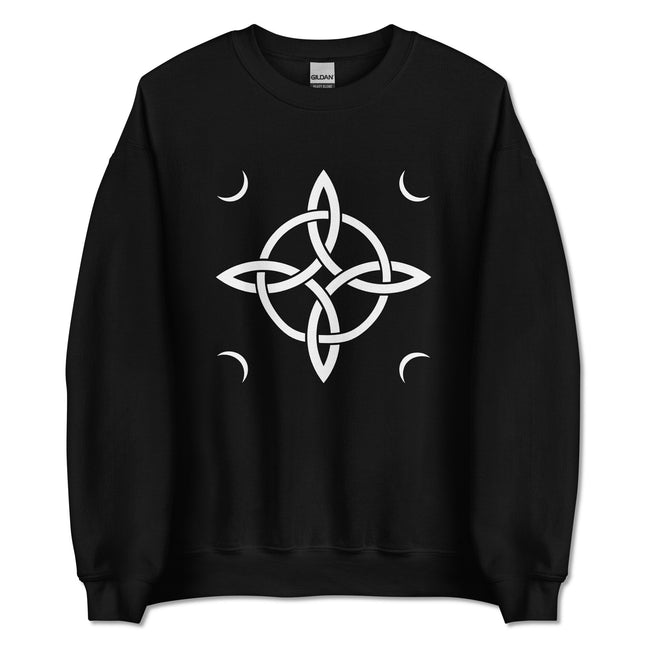 Moon Goddess and Witch's Knot graphic design for pagan witchcraft pullover sweatshirt.