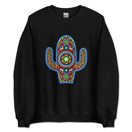 Vibrant Huichol art cactus design on a cozy Mexican pullover sweatshirt.
