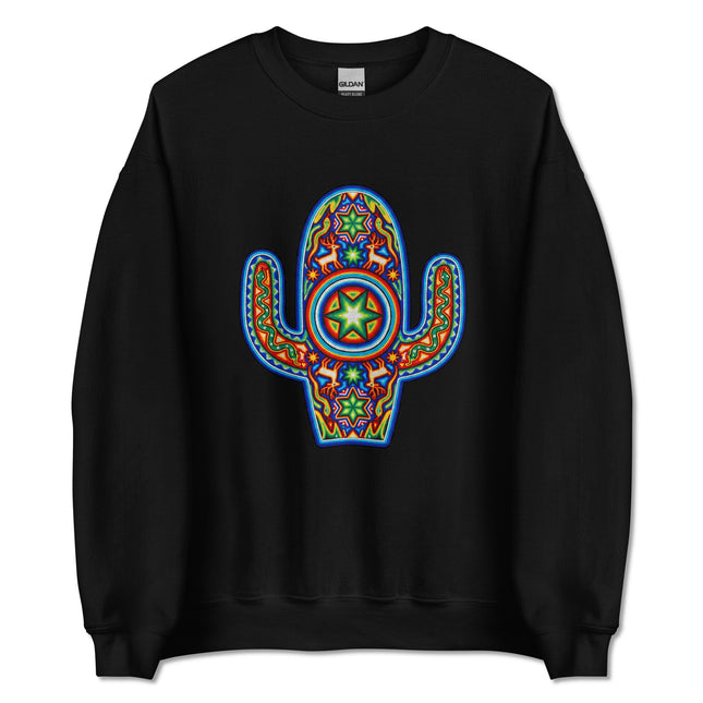 Vibrant Huichol art cactus design on a cozy Mexican pullover sweatshirt.
