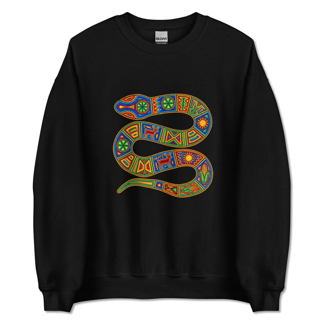 Vibrant Huichol art geometric serpent design on a pullover sweatshirt featuring indigenous patterns.