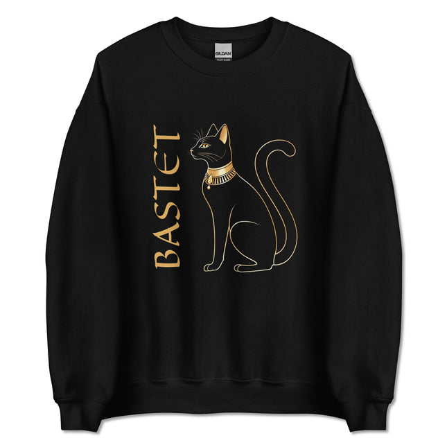 Bastet cat goddess graphic on a pullover sweatshirt with Egyptian style details and hieroglyphics.