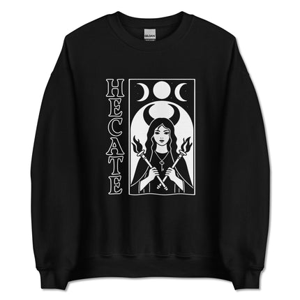 Triple Moon Witch Sweatshirt featuring Hecate goddess magic key, torches, and occult symbols.