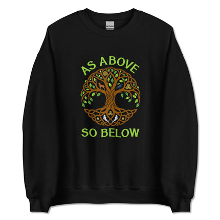 Celtic Tree of Life graphic print on pullover, featuring As Above So Below mythology and nature elements.