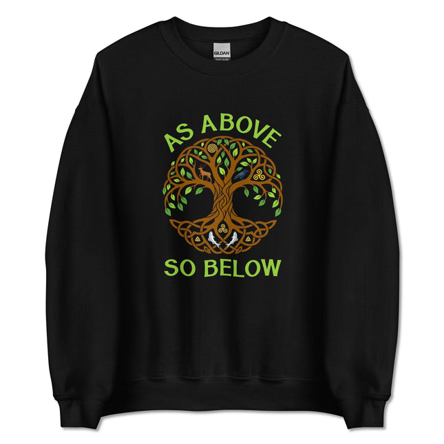 Celtic Tree of Life graphic print on pullover, featuring As Above So Below mythology and nature elements.
