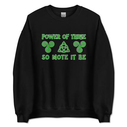 Celtic triquetra and triskelion symbol graphic on witchy power pullover shirt.