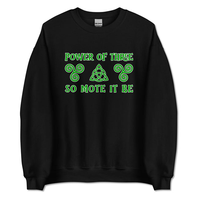 Celtic triquetra and triskelion symbol graphic on witchy power pullover shirt.