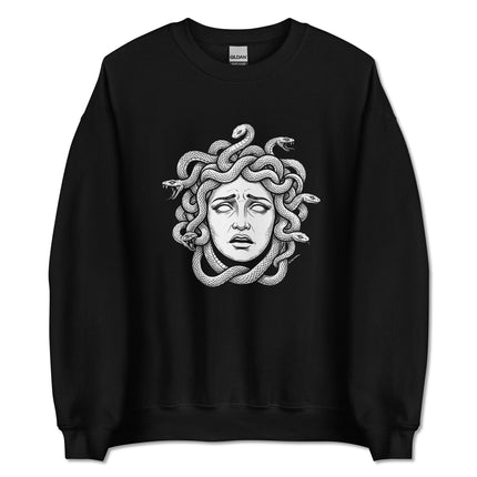 Distressed Medusa head graphic on a unisex pullover sweatshirt featuring snake hair art.