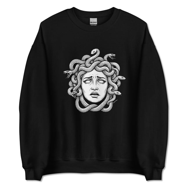 Distressed Medusa head graphic on a unisex pullover sweatshirt featuring snake hair art.