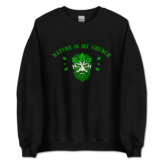 Green Man nature spirit design printed on a comfortable pagan earth pullover sweatshirt.