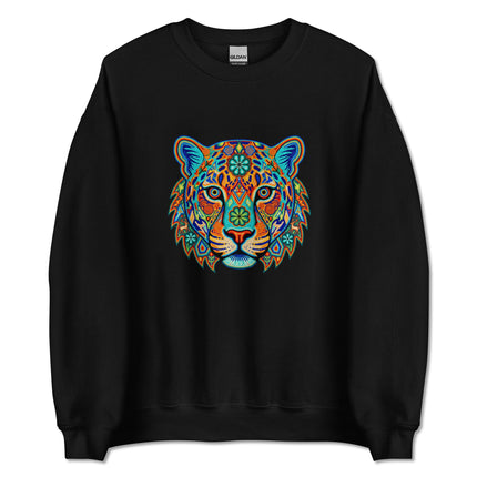 Vibrant Huichol jaguar art print on a colorful pullover sweatshirt.
