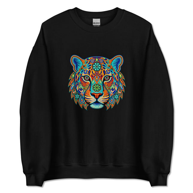 Vibrant Huichol jaguar art print on a colorful pullover sweatshirt.