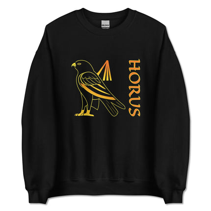 Horus Egyptian god graphic print sweatshirt featuring detailed falcon mythology artwork.