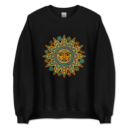 Vibrant Huichol Sun Symbol graphic pullover sweatshirt featuring indigenous cultural art design.