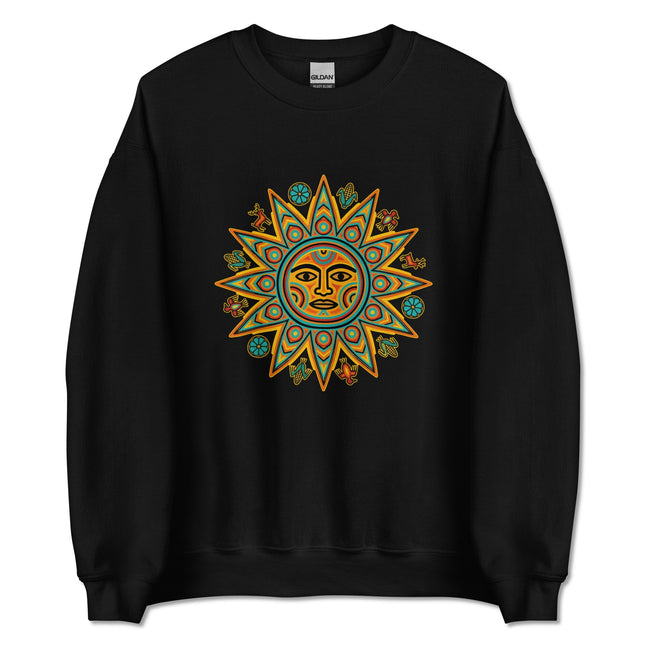 Vibrant Huichol Sun Symbol graphic pullover sweatshirt featuring indigenous cultural art design.