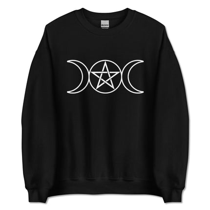 Wiccan pagan sweatshirt featuring a triple moon and pentagram graphic design for witchcraft enthusiasts.