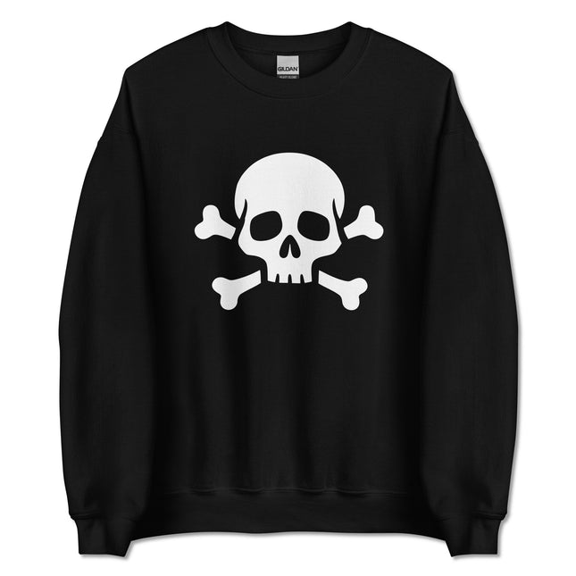 Black pullover featuring gothic skulls and crossbones pirate graphic design.