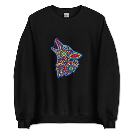 Colorful Huichol wolf graphic sweatshirt featuring Mexican tribal folk art design.