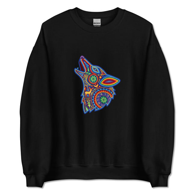 Colorful Huichol wolf graphic sweatshirt featuring Mexican tribal folk art design.