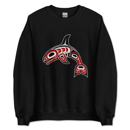 Orca whale formline art sweatshirt featuring Pacific Northwest Indigenous design.