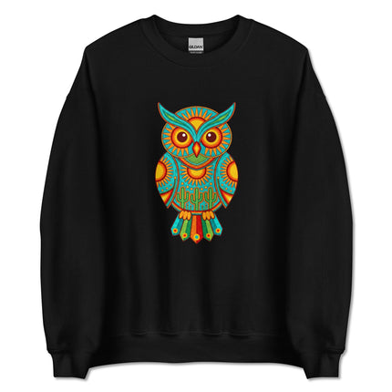 Vibrant pullover featuring a Huichol owl and desert cactus Mexican folk art print.