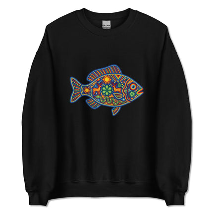 Colorful Huichol fish folk art design printed on a vibrant Mexican pullover sweatshirt.