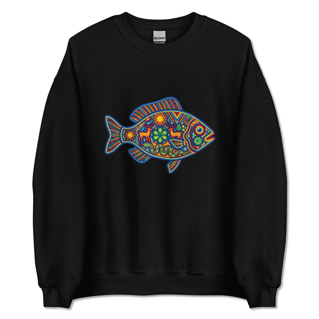 Colorful Huichol fish folk art design printed on a vibrant Mexican pullover sweatshirt.