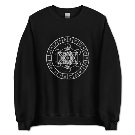 Metatron's Cube and alchemy symbols graphic print on a unisex pullover sweatshirt.