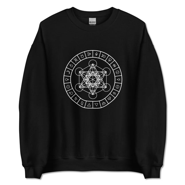 Metatron's Cube and alchemy symbols graphic print on a unisex pullover sweatshirt.