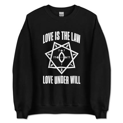 Love Is The Law Under Will Thelema Babalon star heptagram esoteric graphic sweatshirt print.