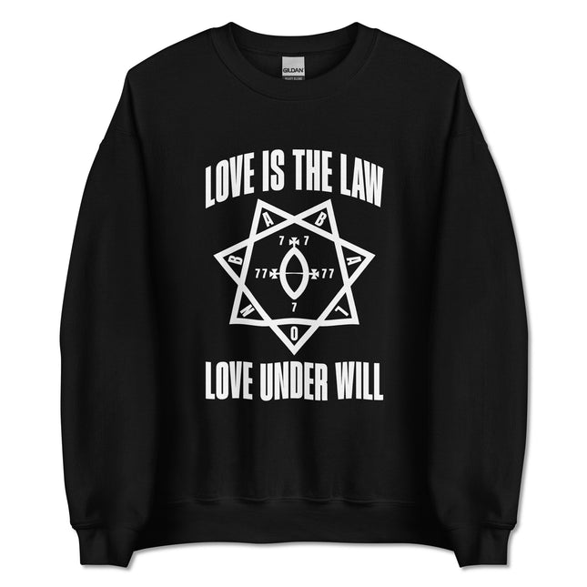 Love Is The Law Under Will Thelema Babalon star heptagram esoteric graphic sweatshirt print.