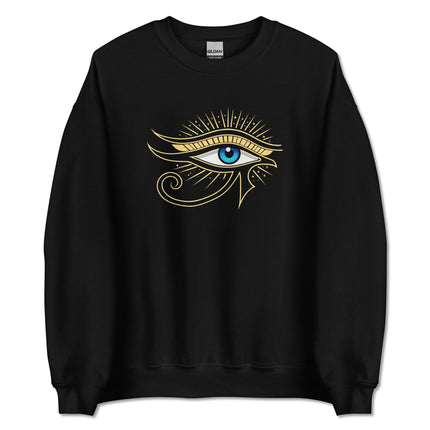 Eye of Ra ancient Egyptian symbol graphic print on a pullover sweatshirt.