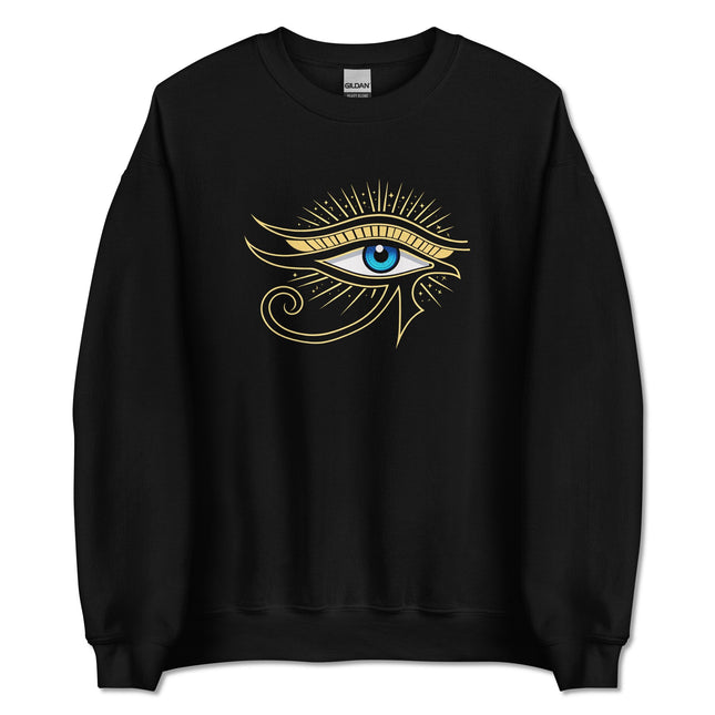 Eye of Ra ancient Egyptian symbol graphic print on a pullover sweatshirt.