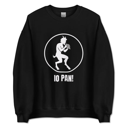 IO PAN! God Satyr graphic sweatshirt featuring Crowley Thelema symbols on a unisex pullover.