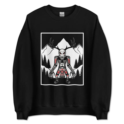 Wendigo antler skull graphic on a forest mountain cryptid pullover sweatshirt.