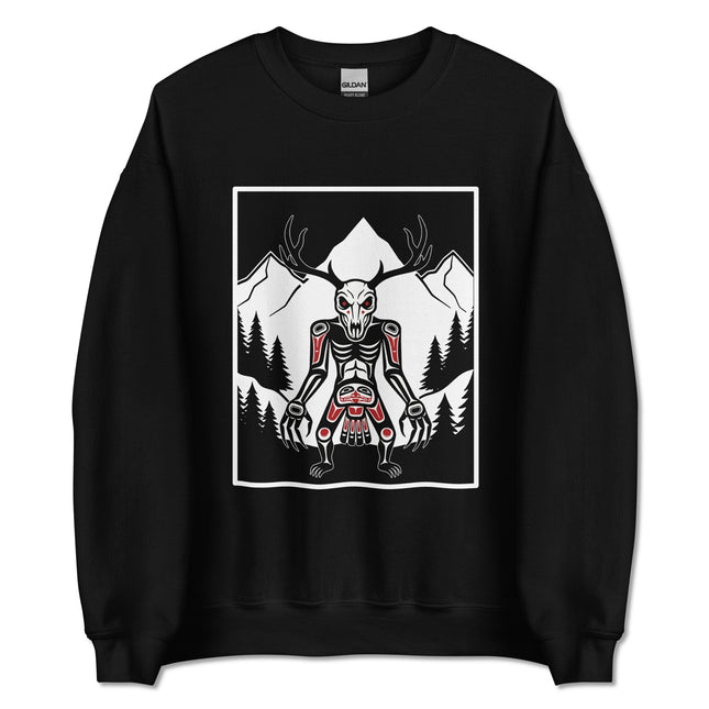 Wendigo antler skull graphic on a forest mountain cryptid pullover sweatshirt.