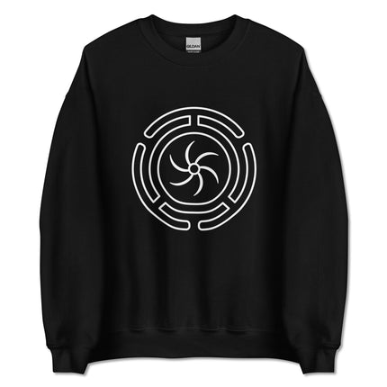 Hekate's Wheel symbol graphic on unisex goddess pullover sweatshirt.
