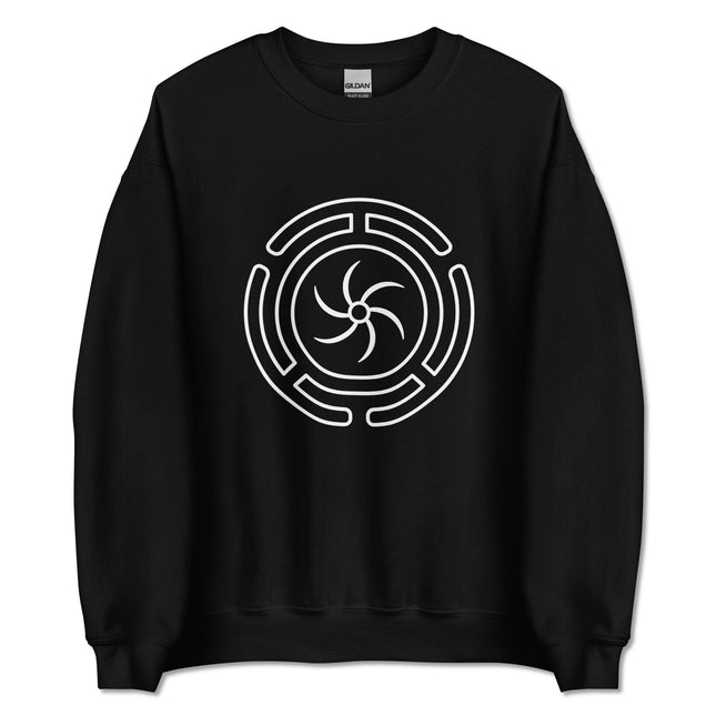 Hekate's Wheel symbol graphic on unisex goddess pullover sweatshirt.