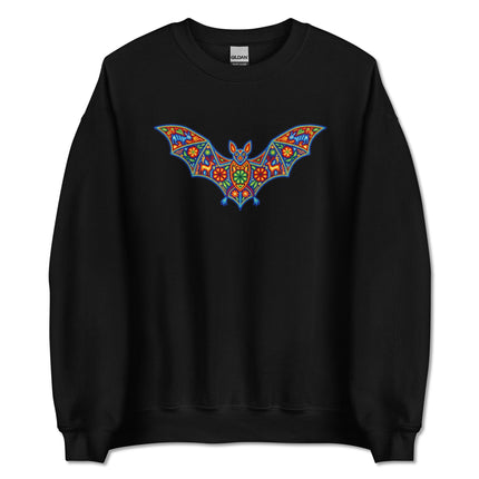 Vibrant Huichol bat art pullover sweatshirt featuring colorful Mexican folk animal designs.